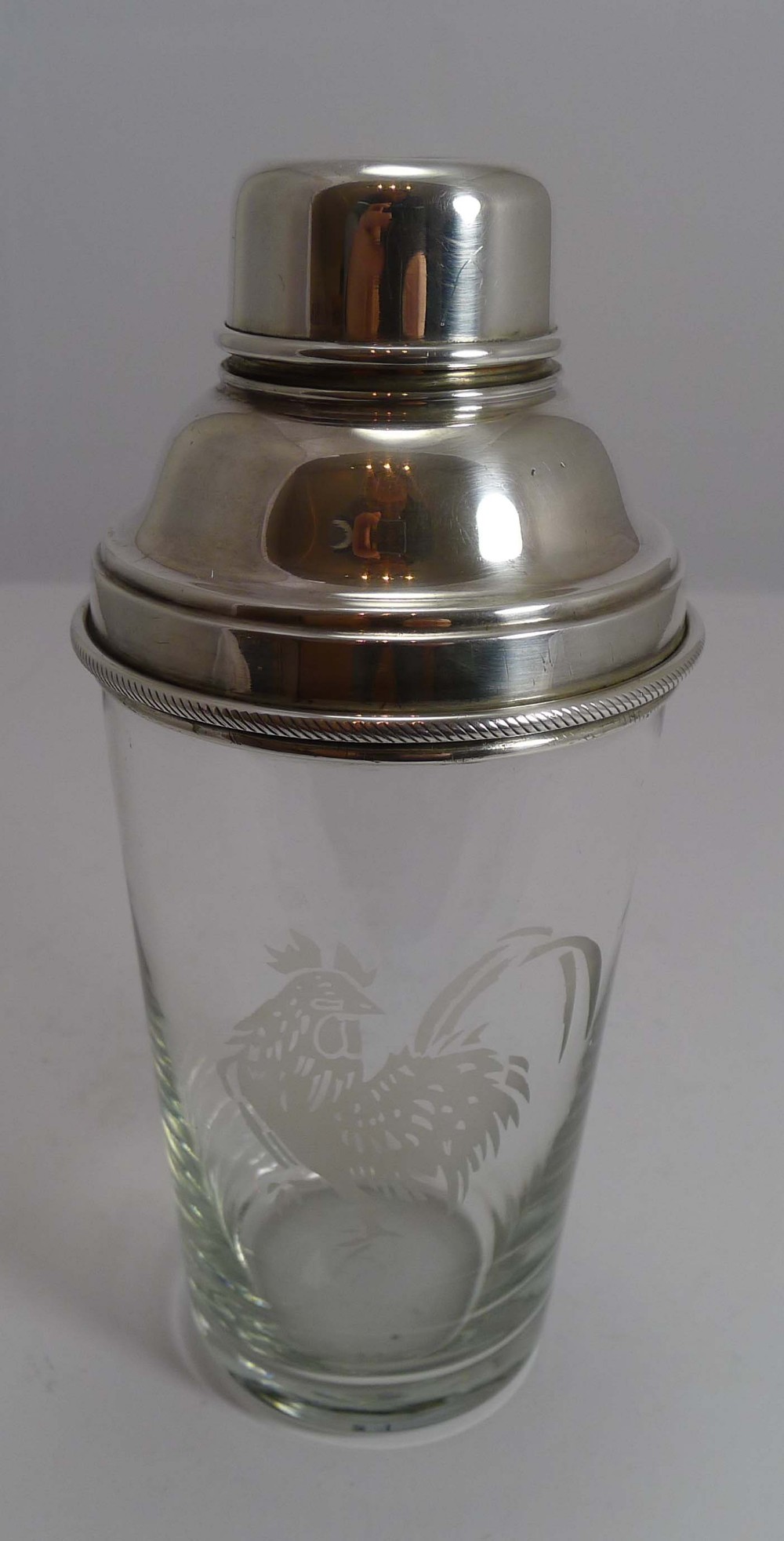 Vintage English Glass and Sivler Plate Cocktail Shaker - Rooster, c.1930