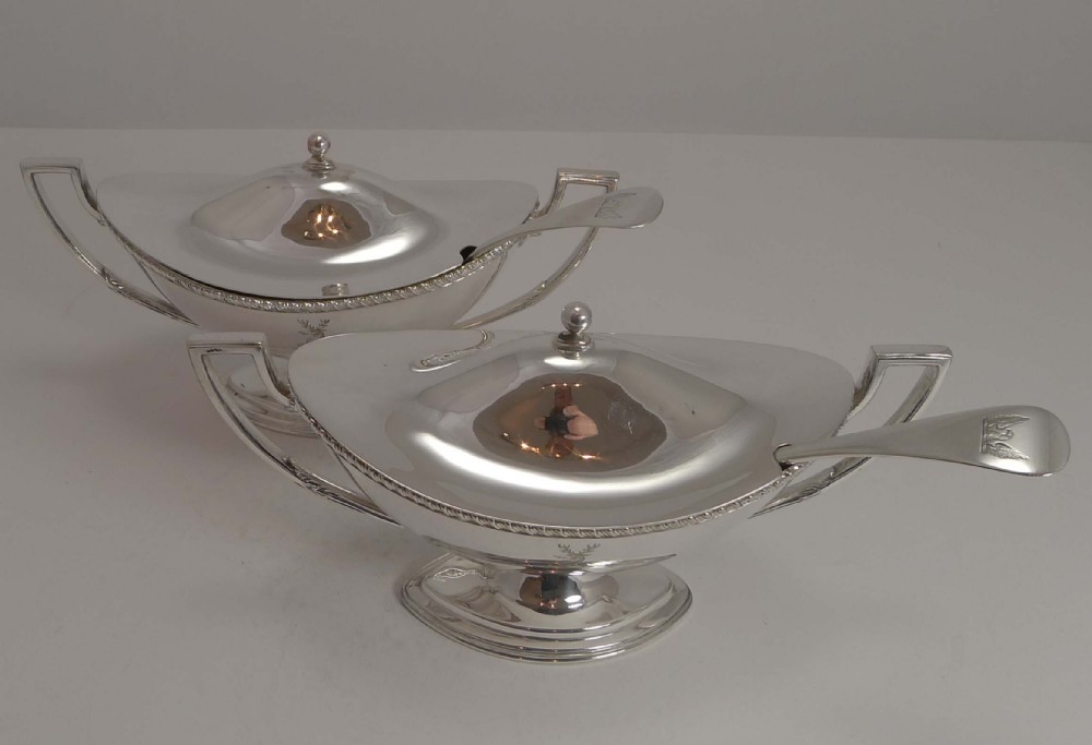 Elegant Pair Antique English Silver Plated Sauce Tureens by James Dixon and Sons c.1880