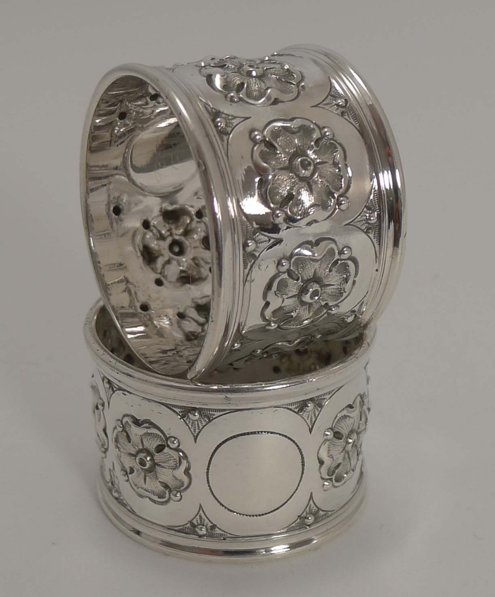 Fine Quality Pair Antique English Sterling Silver Napkin Rings - 1896