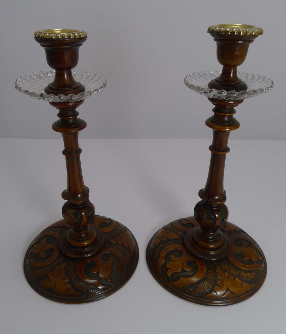 Rare Pair Antique English Carved Fruitwood Candlesticks - Glass Drip Trays c.1890