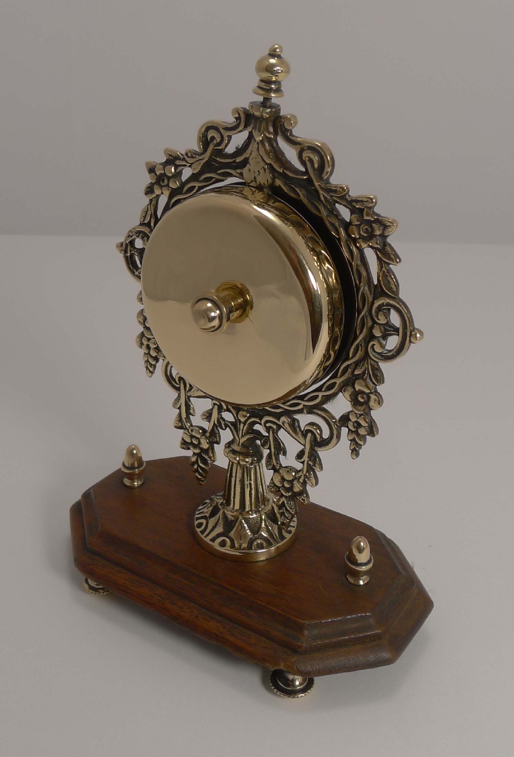 Unusual And Grand Cast Brass and Oak Desk Bell c.1890