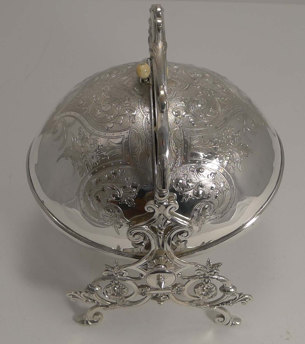 RARE EGG SHAPED ANTIQUE SILVER PLATED ENGLISH BISCUIT BOX BY JAMES PINDER - 1881