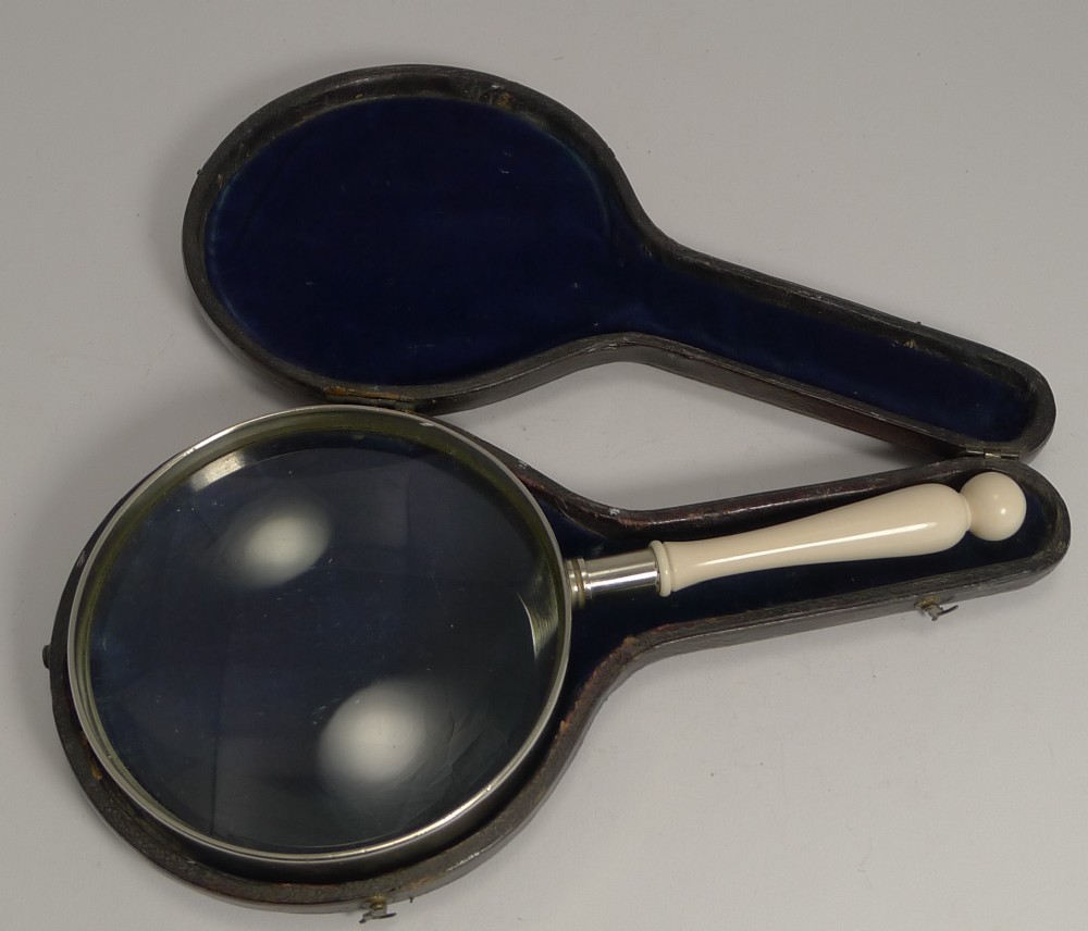 Antique English Cased Ivory Handled Library Magnifying Glass c.1850
