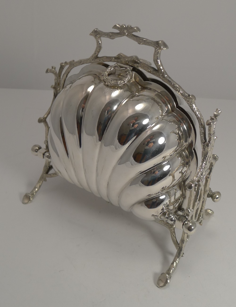 Magnificent Shell Shaped Staniforth Patent Folding Biscuit Box - Gilded Interior by Fenton Brothers