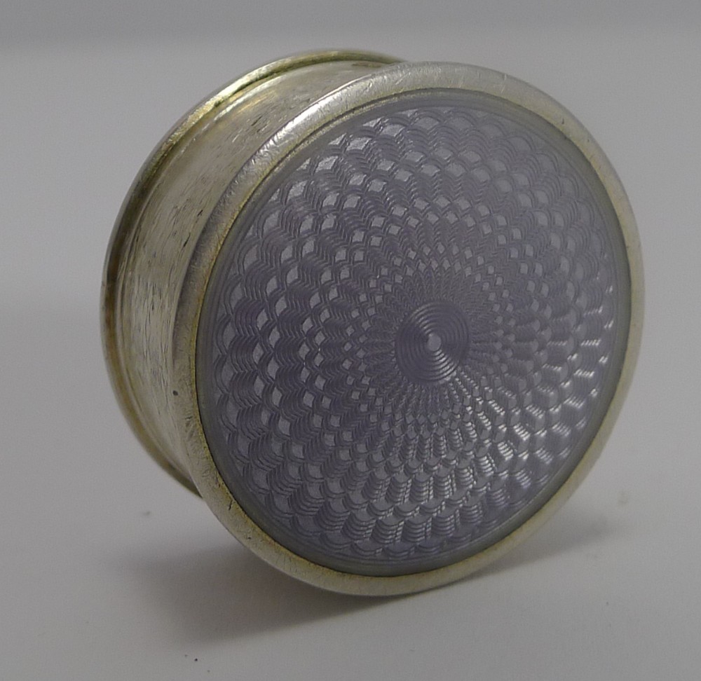 Antique English Sterling Silver and Lilac Guilloche Enamel Pill Box - 1909