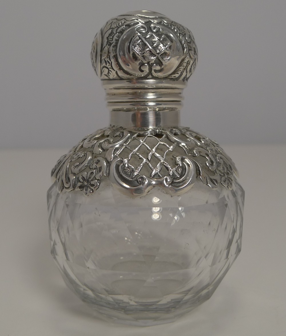 Unusual Antique English Cut Crystal and Sterling Silver Perfume Bottle - 1887