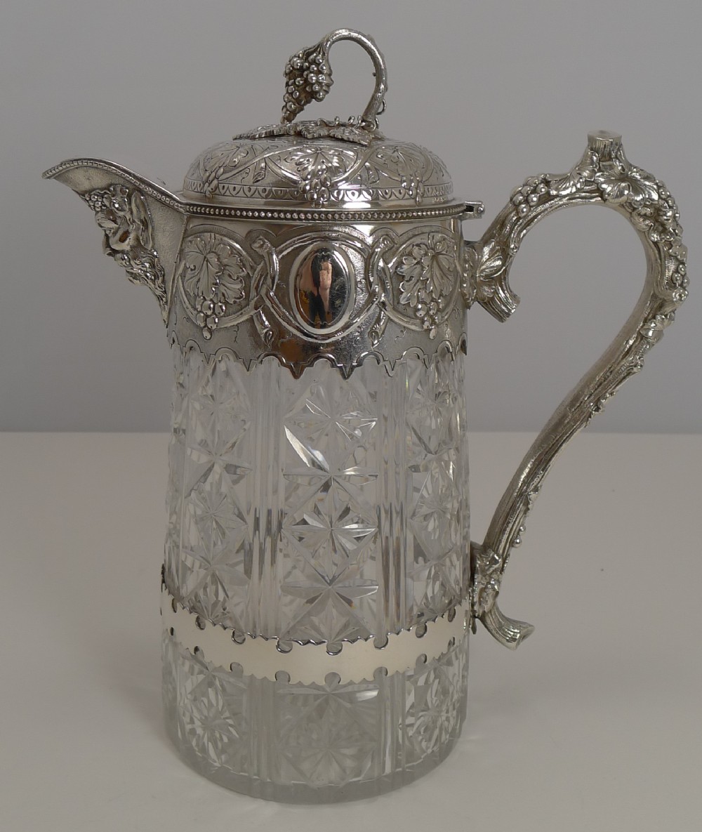 Outstanding Antique English Cut Crystal and Silver Plate Wine Jug c.1880