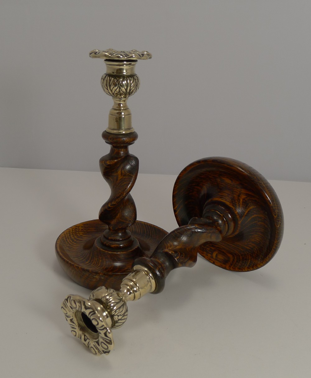 Handsome Pair Solid Oak Barley Twist Candlesticks - Brass Thistle Tops