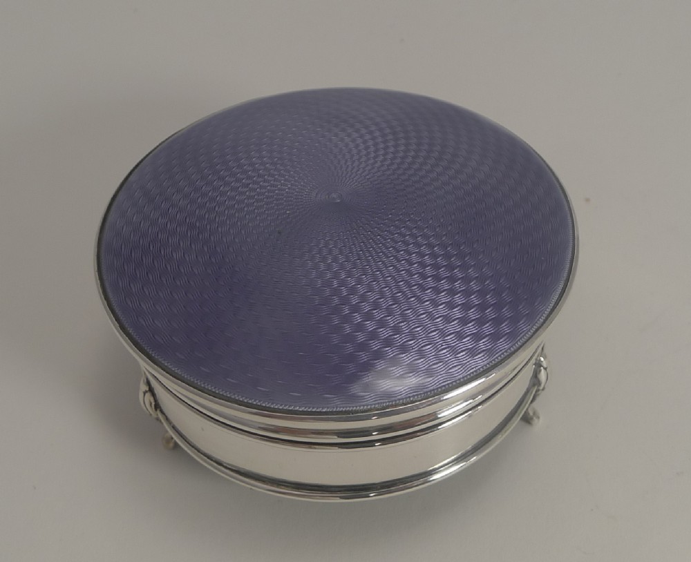 English Sterling Silver & Amethst Guilloche Enamel Jewellery Box -1927