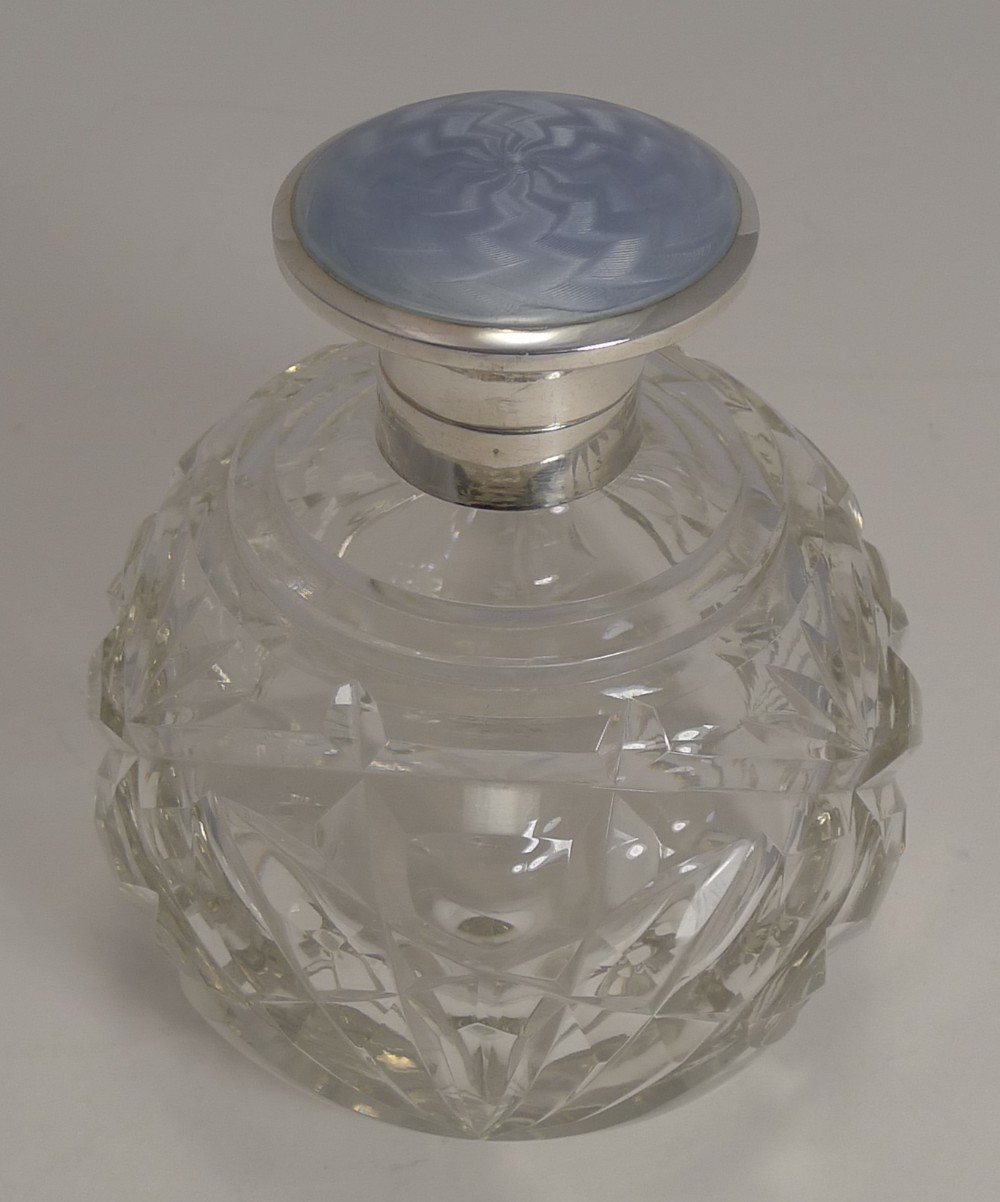Large Globe Perfume Bottle - English Sterling Silver and Guilloche Enamel Lid - 1918