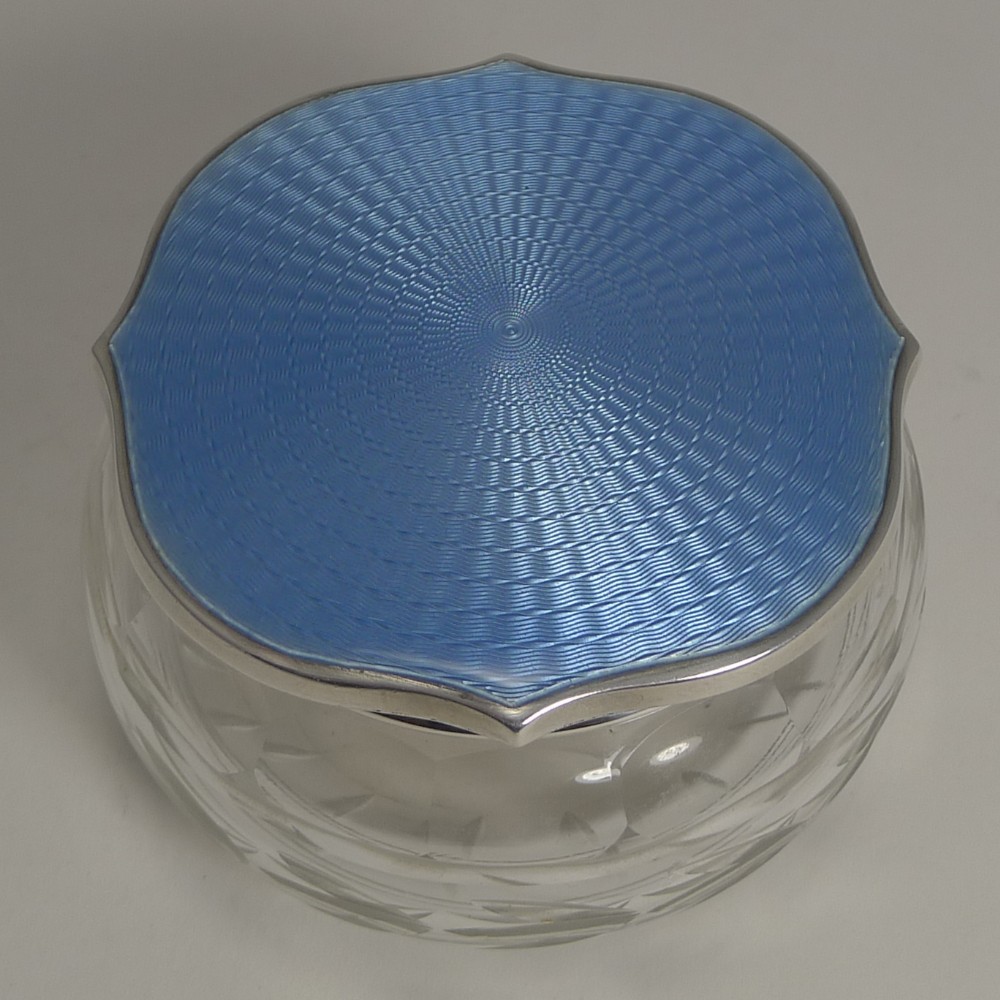 English Cut Crystal Powder Box - Sterling Silver and Blue Guilloche Enamel Lid - 1929