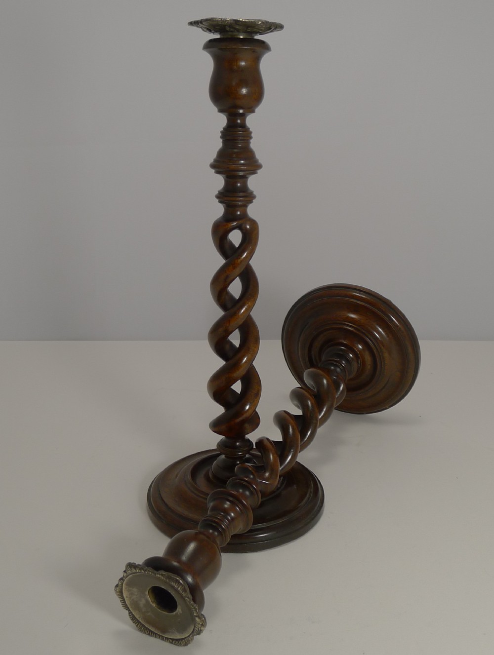 Fabulous Antique English Open Barley Twist Candlesticks in Mahogany c.1890