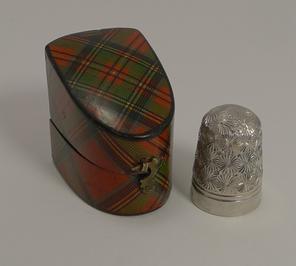 Antique Scottish Mauchline Tartan Ware Thimble Case c.1880 - Stuart