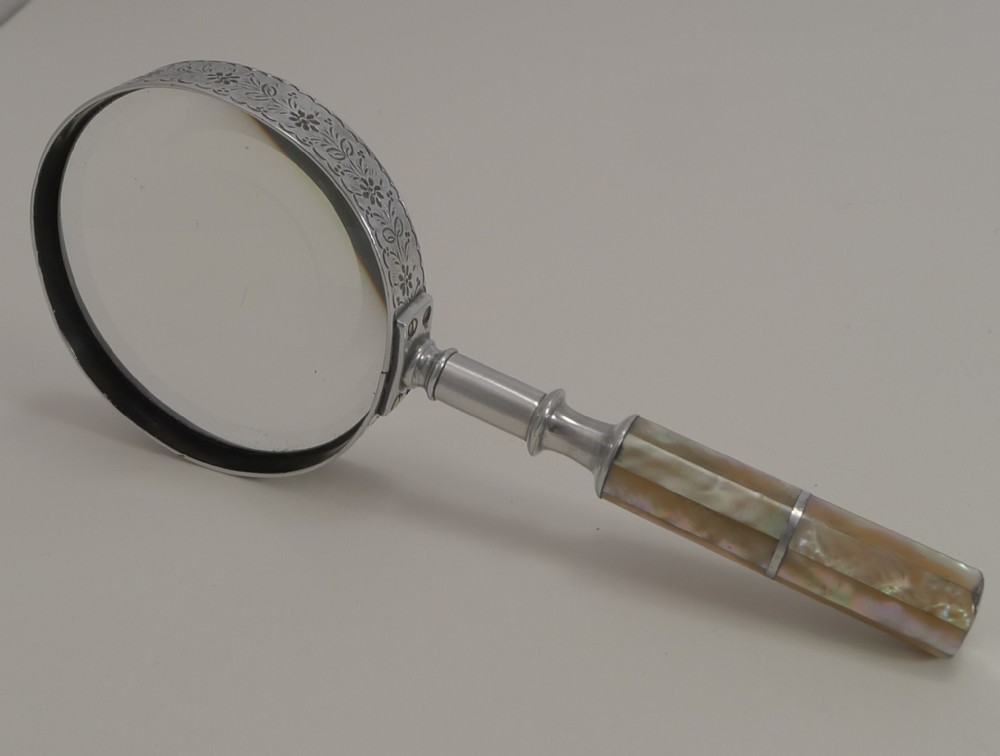 Antique English Aluminium and Mother of Pearl Magnifying Glass c.1900