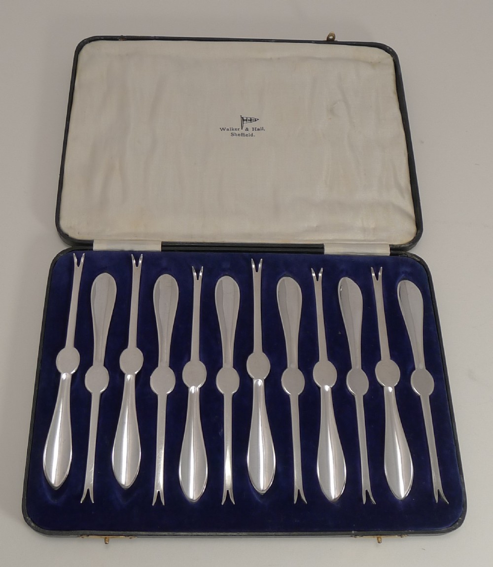 Set 12 Cased Lobster Picks by Walker and Hall - 1934