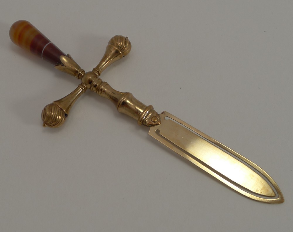 Antique English Gilded Brass and Banded Agate Bookmark c.1880