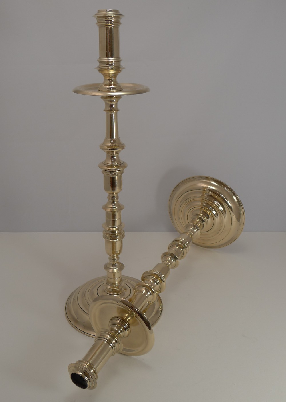 Towering Pair Antique English Brass Candlesticks c.1850 - 22