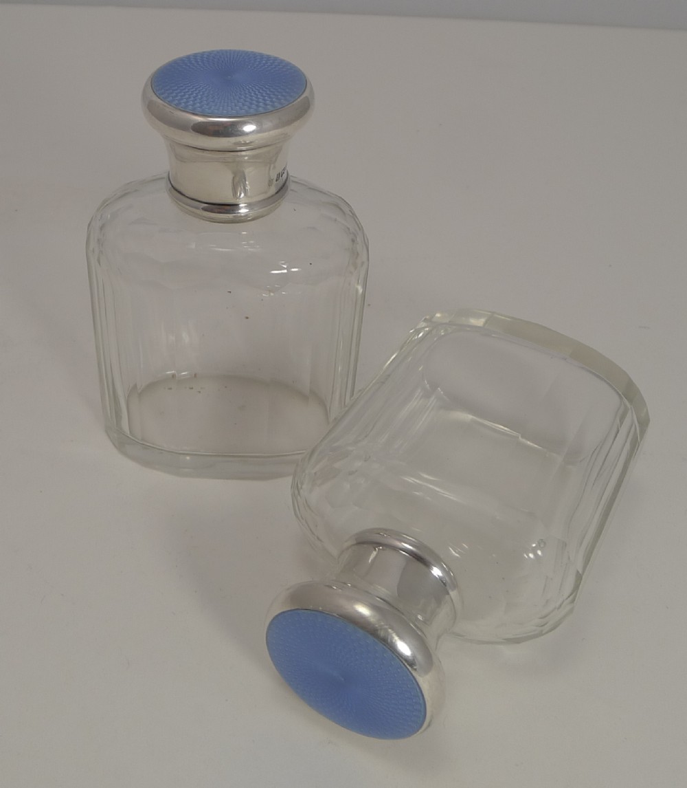 Quality Pair Vintage Sterling Silver and Guilloche Enamel Cologne / Scent Bottles
