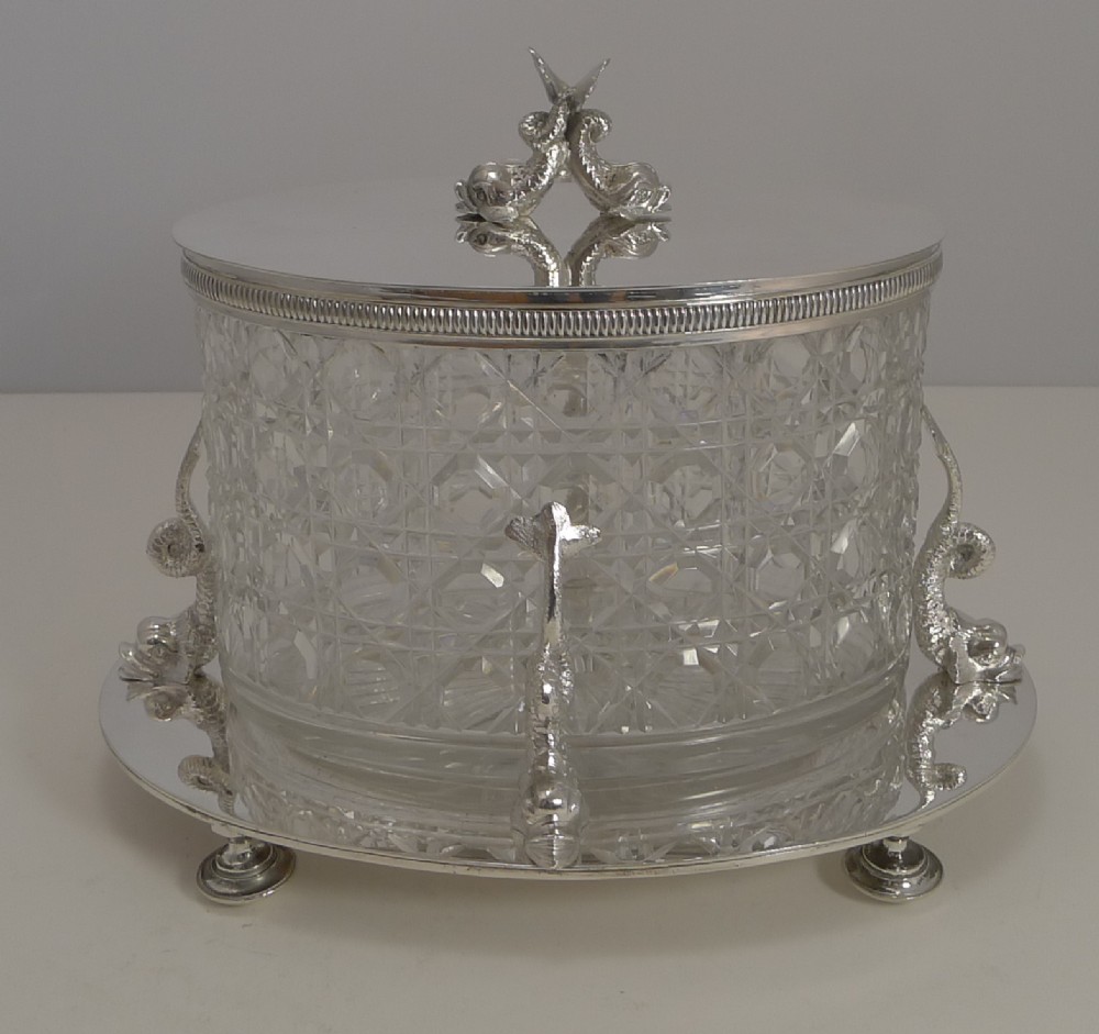 Top Quality Antqiue English Cut Crystal and Silver Plated Biscuit Box c.1890 - Dolphins