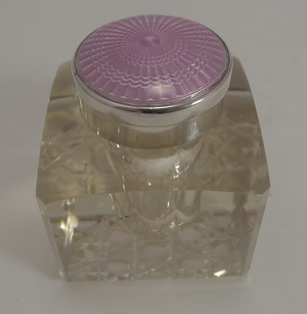 English Sterling Silver & Pink Guilloche Enamel Lidded Inkwell - 1920