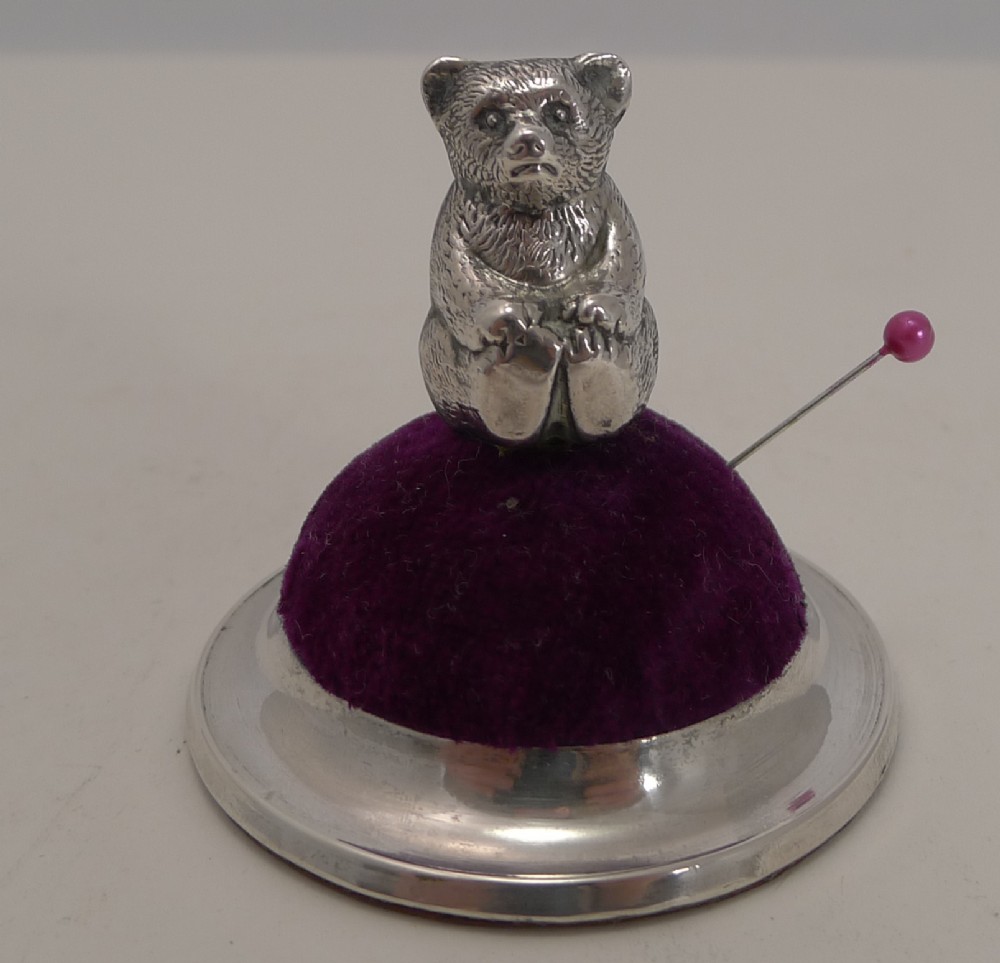 Antique Figural Sterling Silver Pin Cushion - Teddy Bear