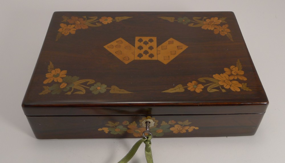 Exquisite Antique English Marquetry Inlaid Playing Card Box c.1840