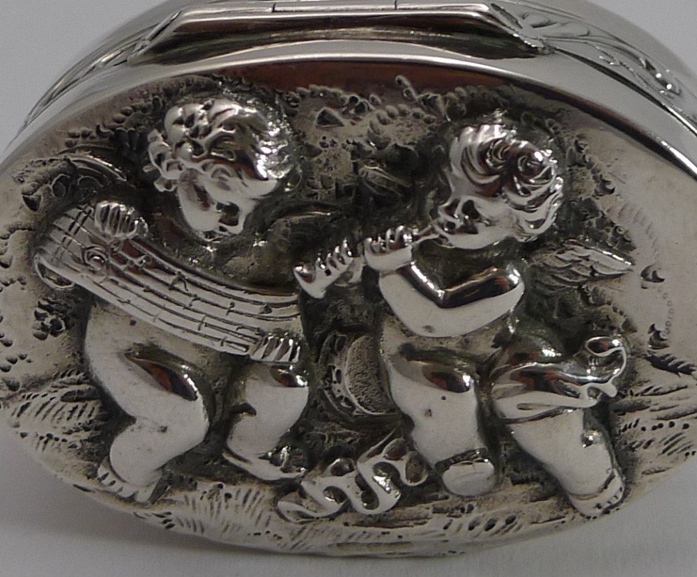 Adorable Antique Sterling Silver Pill Box - Musical Cherubs - 1904