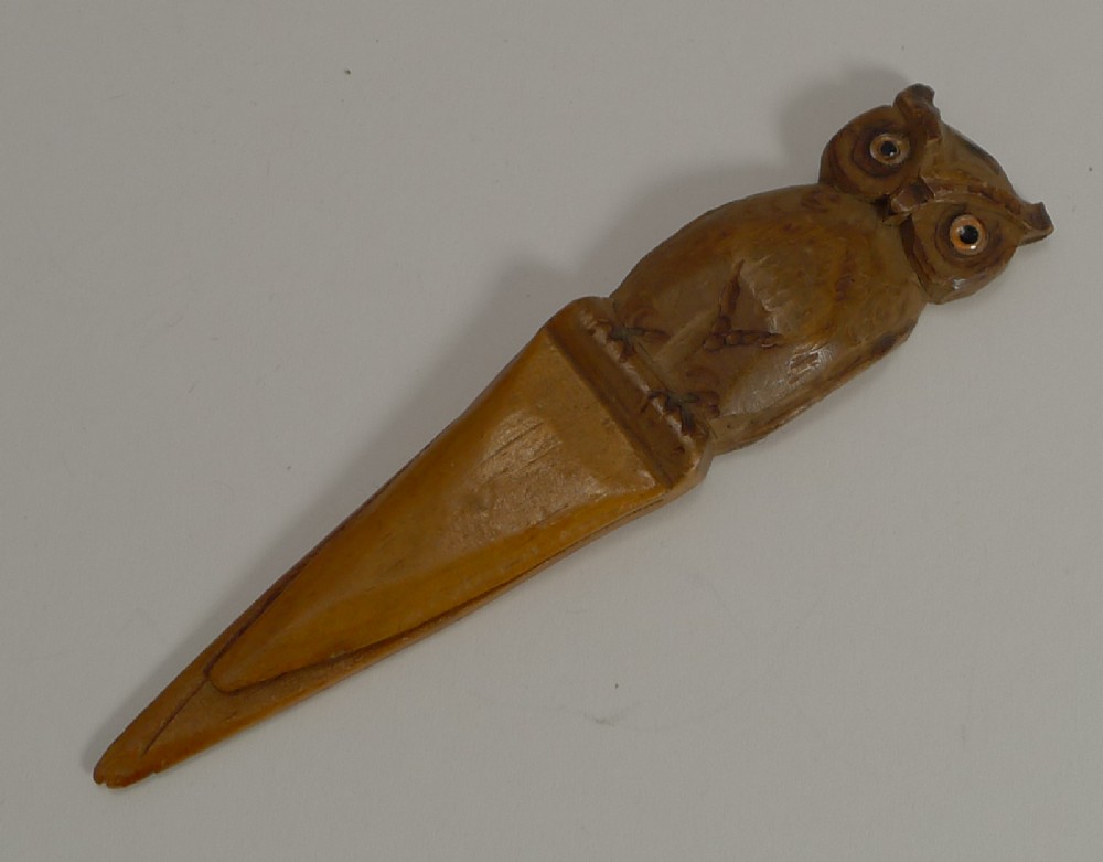 Antique Carved Black Forest Figural Bookmark - Owl With Glass Eyes