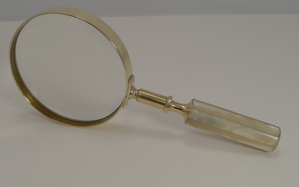Large Antique English Brass and Mother of Pearl Magnifying Glass