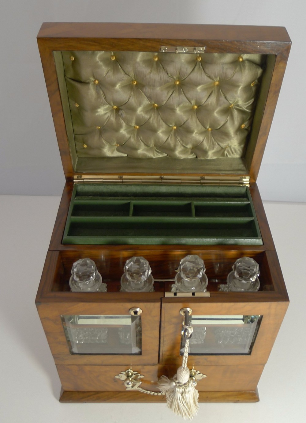 Magnificent Antique English Walnut and Glass Jewellery Box With Perfume Bottles