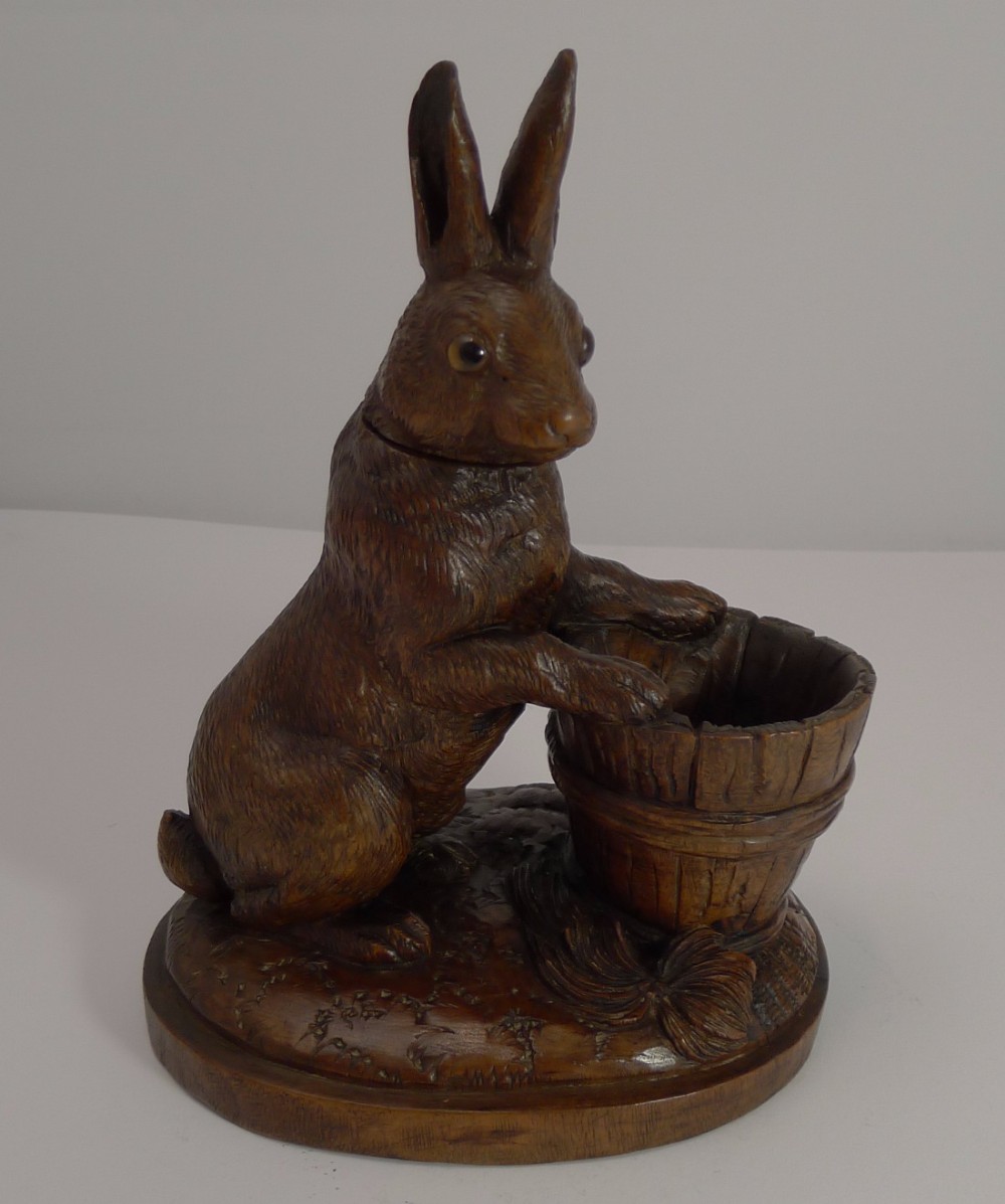 Rare and Adorable Carved Black Forest Figural Inkwell - Rabbit or Hare c.1900