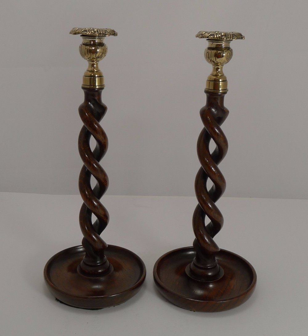 Towering Antique English Oak & Brass Barley Twist Candlesticks c.1900 - 13