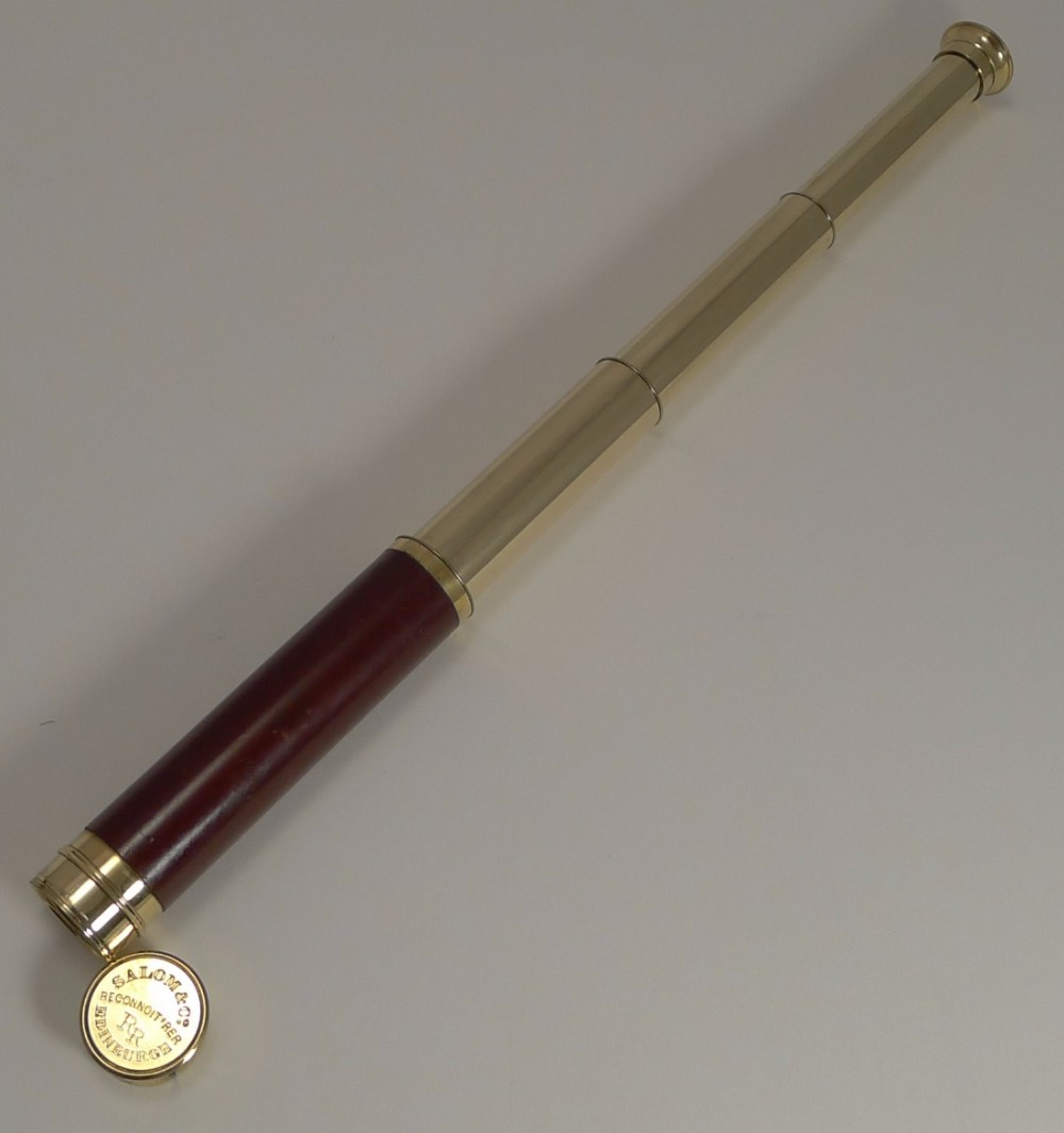 Antique Salom & Co., Edinburgh, Reconnoiterer Brass & Mahogany 3 Draw Telescope c.1870