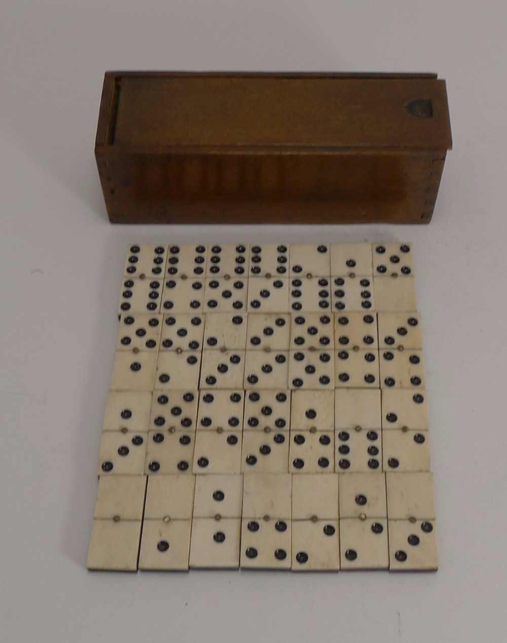 Antique English Boxed Set Bone & Ebony Wood Dominoes c.1890