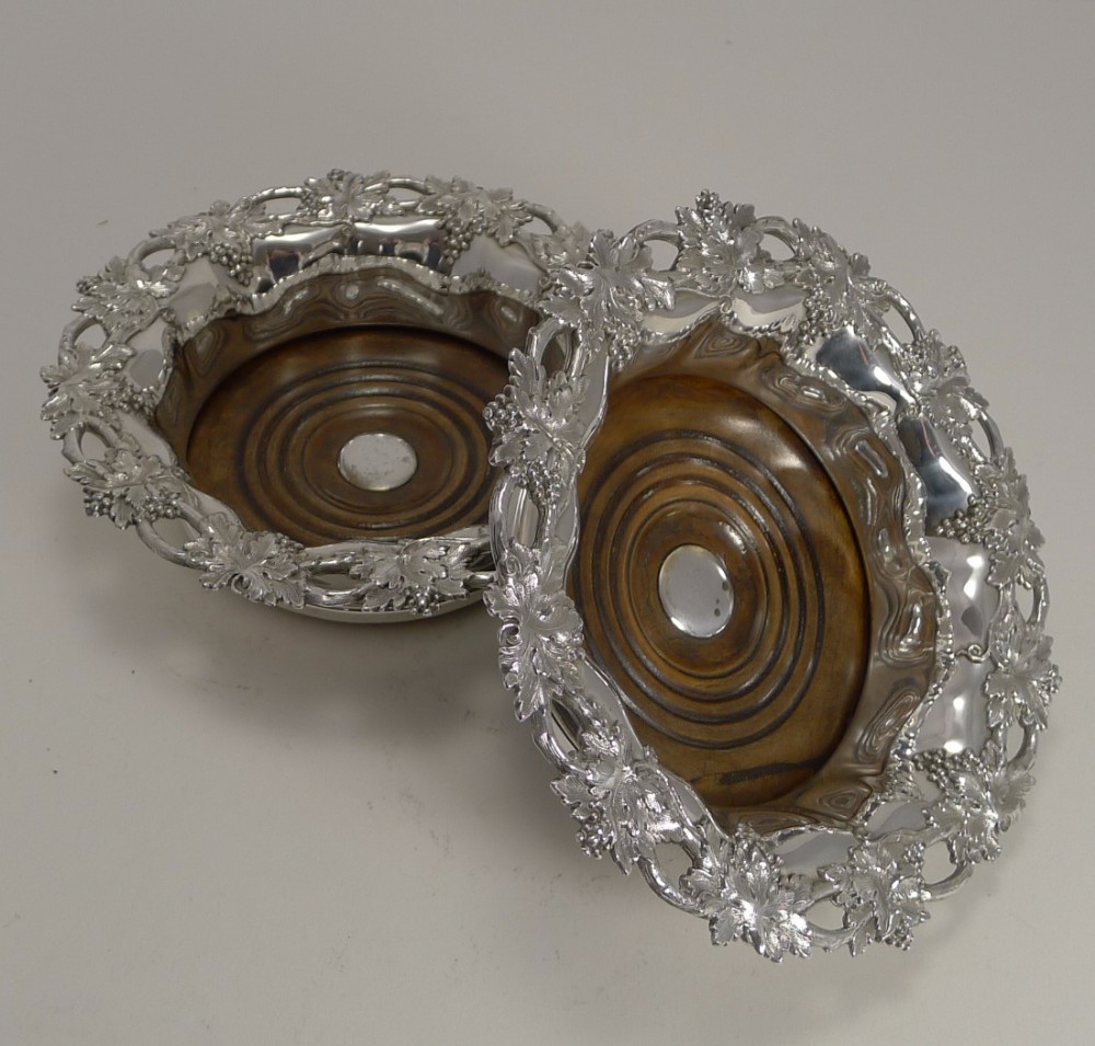 Superb Pair Antique English Wine Coasters or Slides in Silver Plate by William Padley