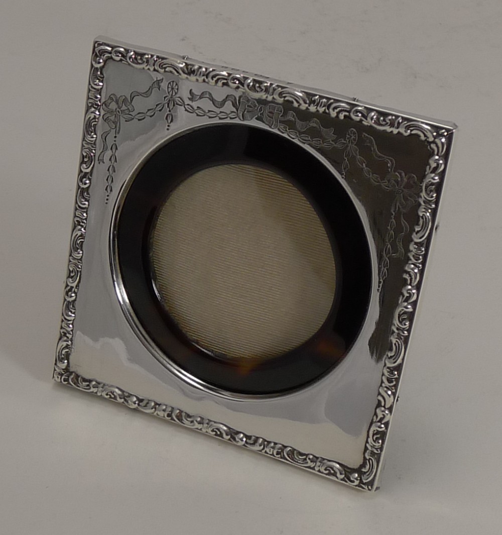 Antique English Silver and Tortoiseshell Photograph Frame hallmarked Birmingham 1907 by Henry Matthews