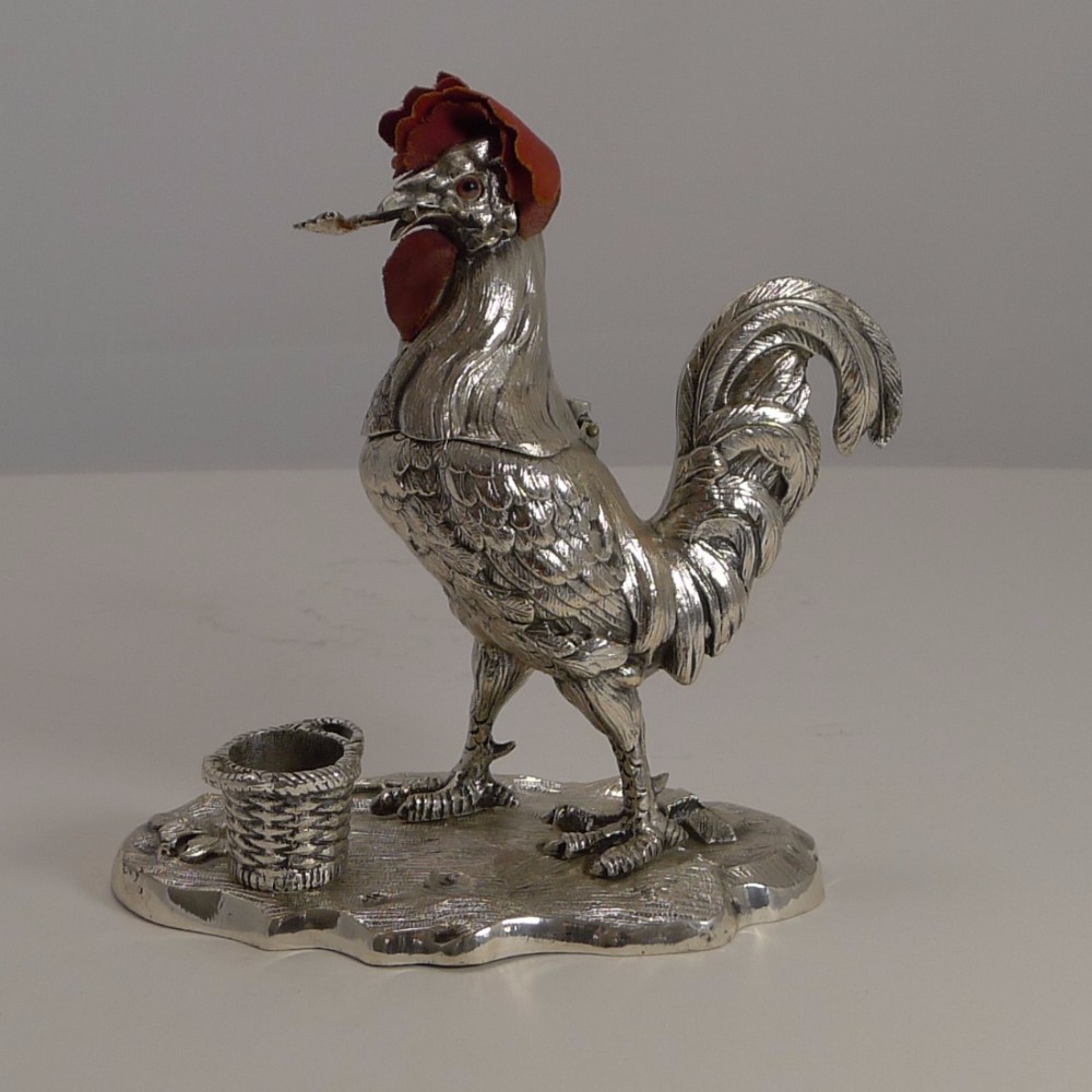 Handsome Antique English Figural Inkwell - Cockerel or Rooster - Glass Eyes c.1880