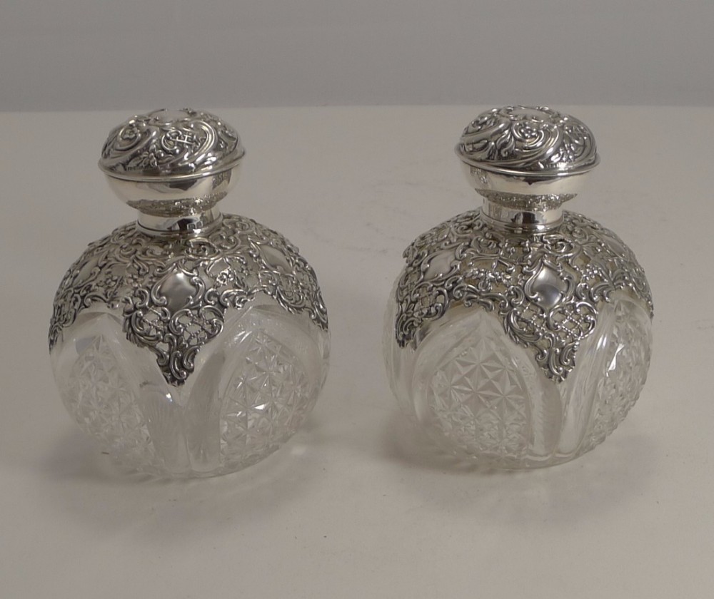 Magnificent Pair Large Antique Sterling Silver Mounted Perfume Bottles