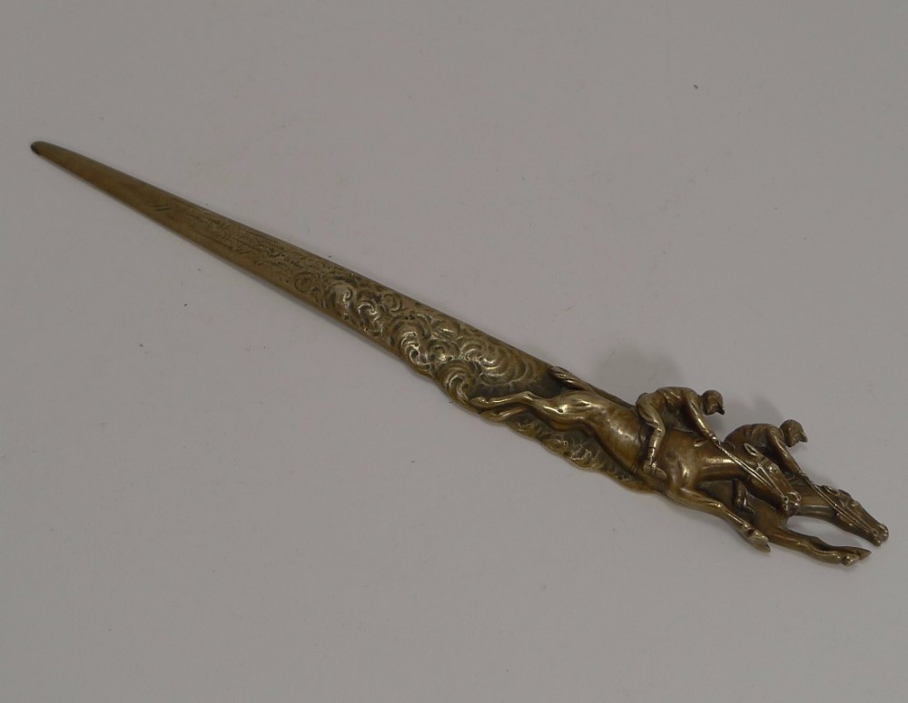 Fabulous Antique Figural Cast Brass Letter Opener - Horse Racing