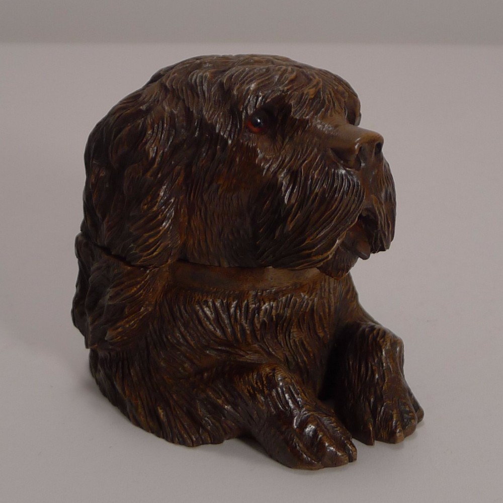 Fine Black Forest Figural Inkwell - Dog With Glass Eyes c.1890