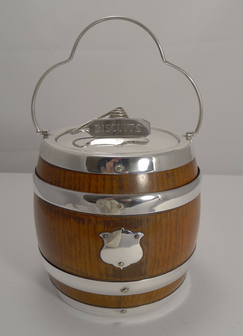 Oversized Antique English Oak and Silver Plated Biscuit Barrel c.1890