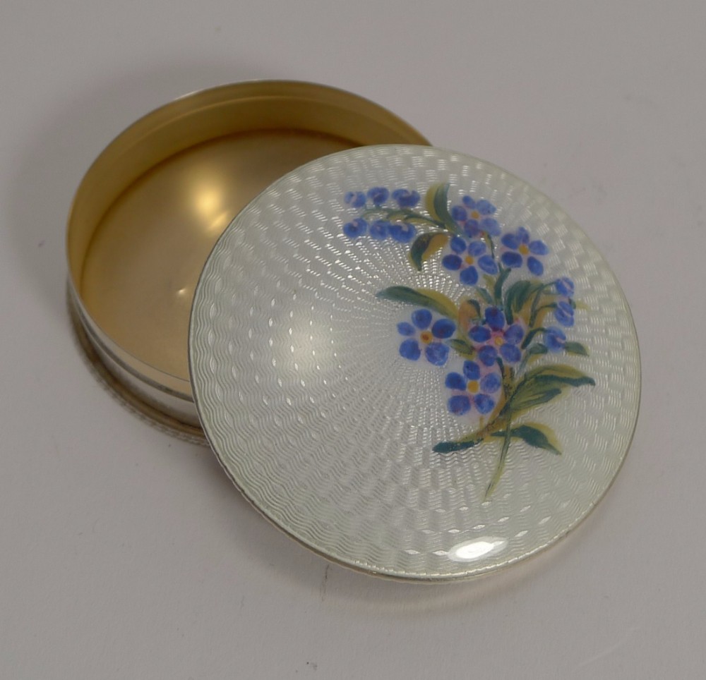 Pretty English Sterling Silver Box - Guilloche Enamel - Forget Me Nots