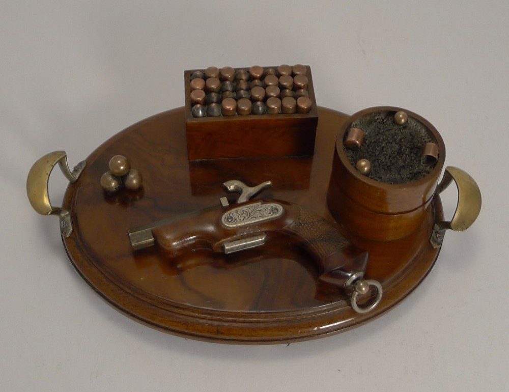 Rare Antique Walnut Desk Set - Gun Theme c.1890