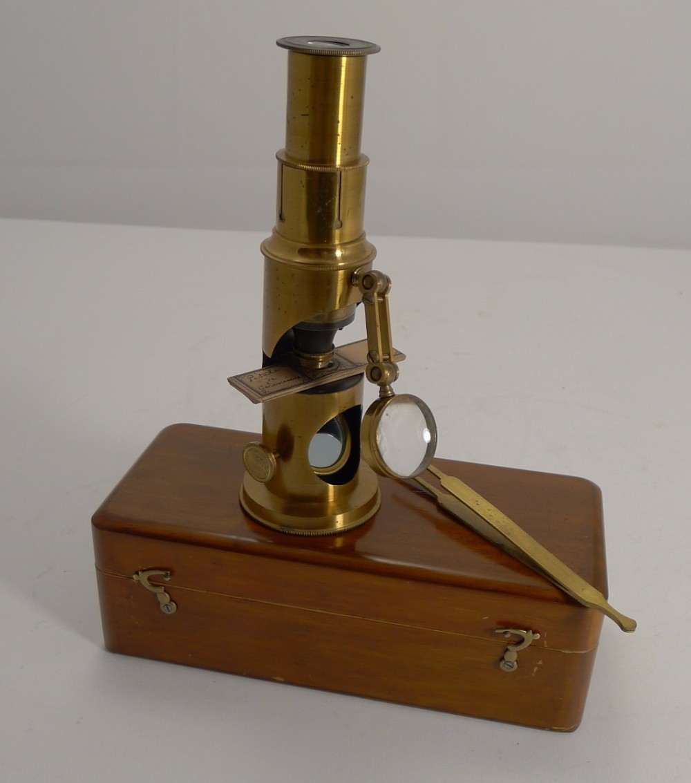 Small Antique French Brass Microscope With Condenser c.1890
