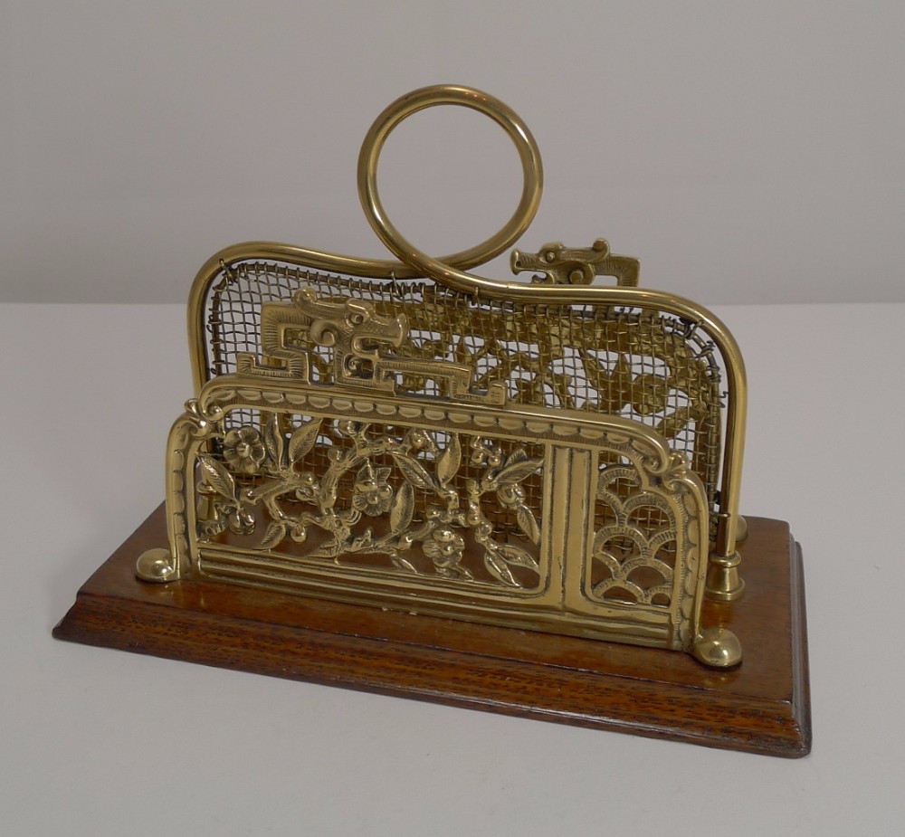 Antique English Oak and Brass Letter Holder - Indian Tree c.1880