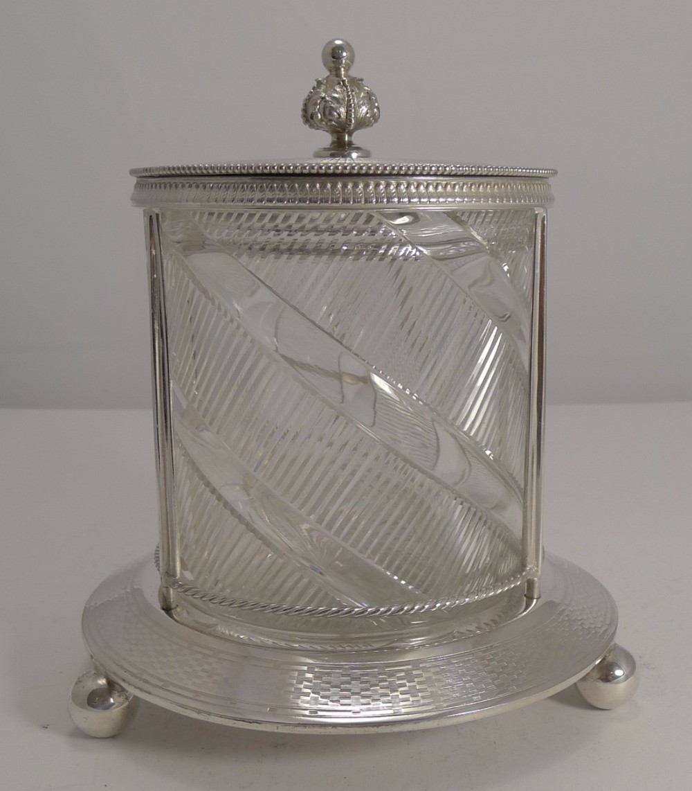 Top Notch Antique English Silver Plate and Cut Crystal Biscuit Box c.1880