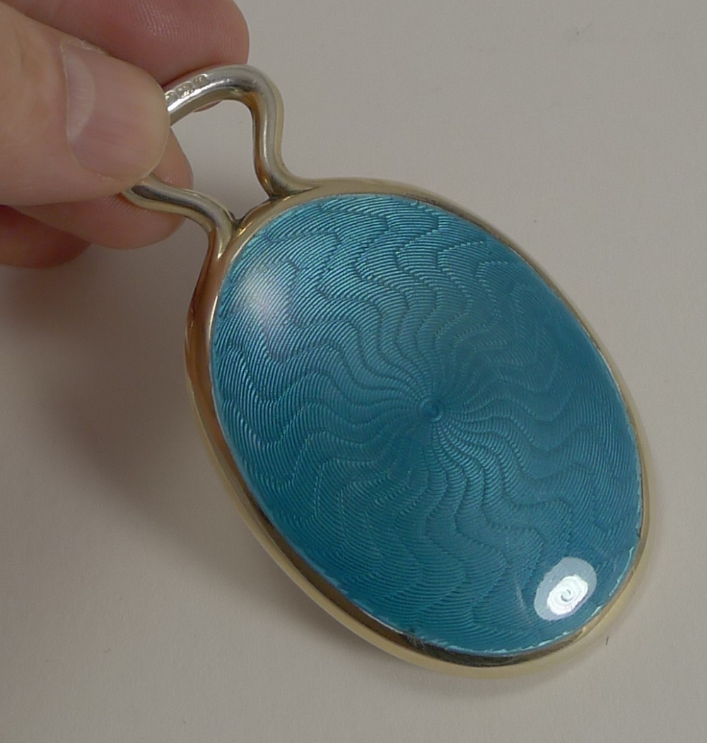 Pretty Miniature English Sterling Silver and Enamel Purse Mirror