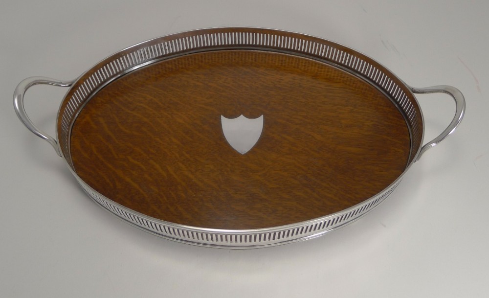 Antique English Oak and Silver Plated Tray by John Grinsell and Sons c.1890