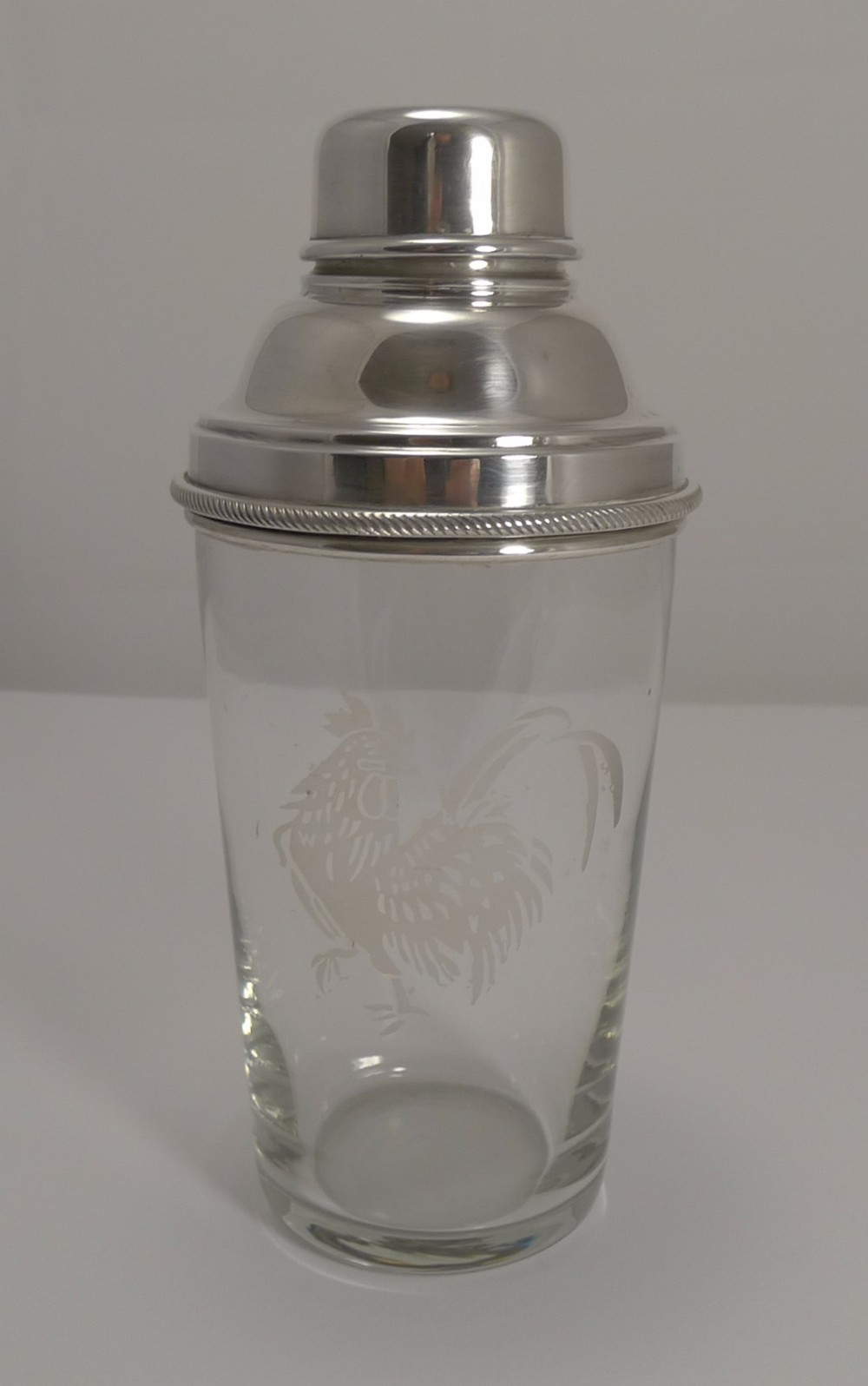 Vintage English Glass and Silver Plate Cocktail Shaker - Rooster, c.1930