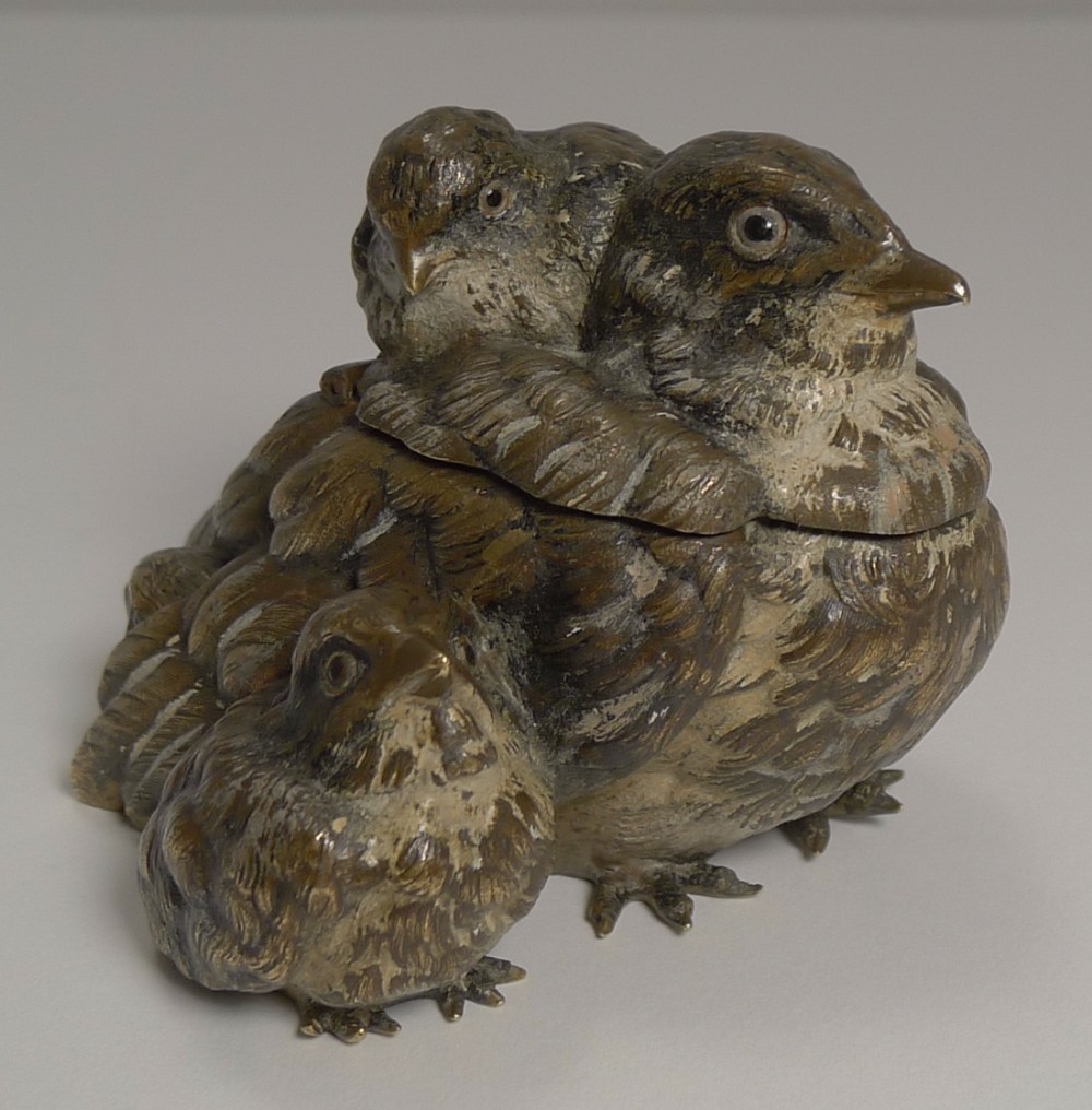 Wonderful Antique English Novelty Bronze Inkwell - Bird and Chicks c.1880